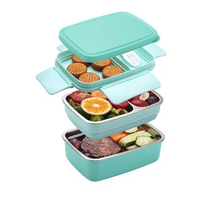 China Freshness Preservation Stainless Steel Four Sides Buckle Three Layer Bento Lunch Box Sealed Compartments Lunch Box for sale