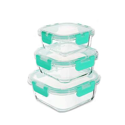 China 3 Piece Microwavable Square BPA Free Set Glass Lunch Box With Lid Large Capacity Clear Food Storage Containers for sale