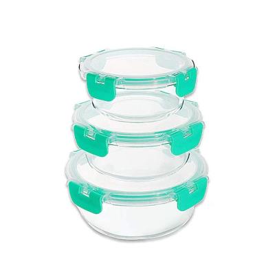 China Microwavable 3 Piece Round BPA Free Set Glass Lunch Box With Lid Large Capacity Clear Food Storage Containers for sale