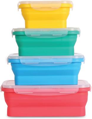 China Silicone 4 Bento Lunch Boxes Collapsible Food Storage Container Freshness Preservation BPA Free Set for Microwave Dishwasher and Freezer Safe for sale