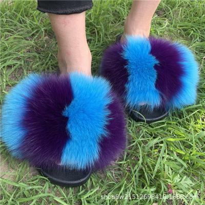 China Fashion Trend Women's Natural Fur Wholesale Real Big Fluffy Fur Slippers Slides Sandals With Thick Fur for sale