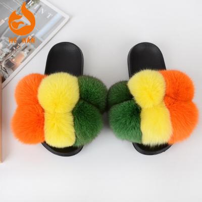 China Multicolor Real Fox Fur Ball Slippers Summer Anti-Slippery External Use Fur Slides Ladies Fluffy Slider POM Pom Sandals Wholesale for sale