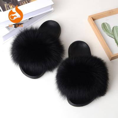 China Real Fashion Trend Flip Flops Women Fur Slippers Fox Fox Slippers Black Slide Colorful Blue Purple Fur Fluffy Sandals for sale