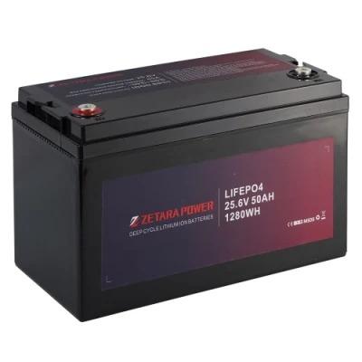 China Lithium LiFePO4 deep cycle 25.6V 50ah100A 200ah rechargeable battery 6000 cycles times and 15 year life Built-in BMS for rv 25.6v 150ah for sale