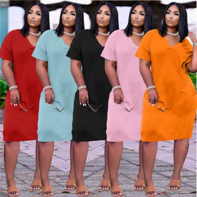 China Anti-wrinkle 2021 Summer Dress Solid Color Short Sleeve Loose Casual Dresses Plus Size Women's Dresses for sale