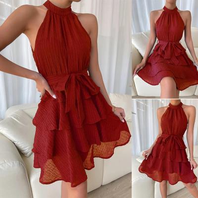 China 2022 new fashion new fashion breathable hanging hanging sleeveless casual mini women short neck summer dress belt peplum skirt for sale