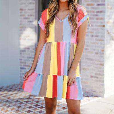 China Dear-Lover Women's Anti-Static Clothing Clothes Multicolor Striped Block Mini Summer Casual Ladies Color Tiered Dress for sale