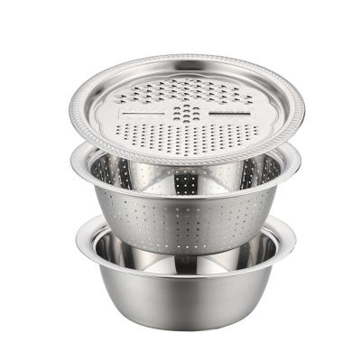 China Multifunctional Thickened Viable Stainless Steel Planer Basin Drain Basin Kitchen Rice Sieve Three-piece Gift Set Tiktok Hot Sales for sale