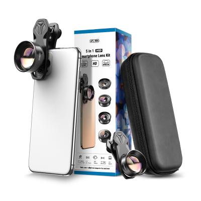 China Glass+Aluminum Alloy+ABS APEXEL Optical Hot Sale 5 In 1 Wide Angle Lens Camera Lens Cell Phone Pro Kit Fisheye Phone Macro Photography Zoom for sale