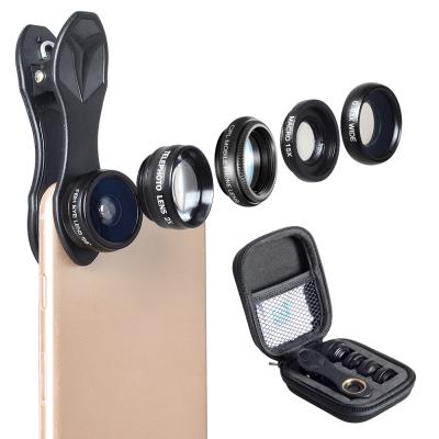 China Aluminum Plastic Instruments Glass+ABS Apexel Camera Lens Movable Detachable Wide Angle Portrait Lens + Macro Phone Optics 5 in 1 Lens Kit for sale