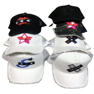 China Custom LOGO COMMON LOGO baseball cap cotton cremated and old sun hat 3D embroidered five-pointed star letter with ponytail brim raw mesh hat for sale