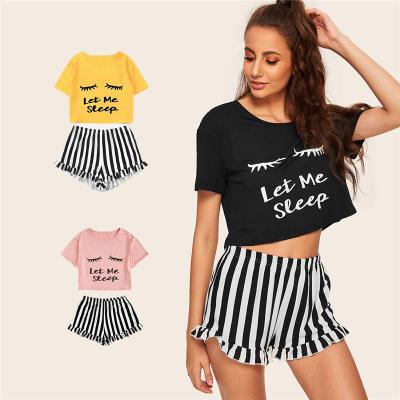 China High Quality Breathable Graphic Stitch Ruched Striped Shorts Tops Sleeve Set 2021 Women Summer Pajamas Patchwork Sleepwear for sale