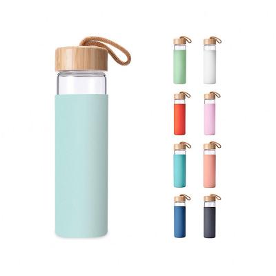 China 500ml Jasper Borosilicate Glass Sustainable Water Bottle With Bamboo Lid And Silicone Sleeve Stainless Steel BPA Free for sale