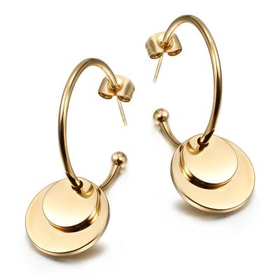 China CLASSIC Dangling Round Shaped Big Round Hoop Earrings Stainless Steel 14k Gold Plated for sale