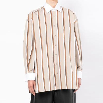 China Men's Casual Shirts Anti-pilling Stripe Drop Shoulder Oversized Long Sleeve Cotton Shirts Custom Made for sale