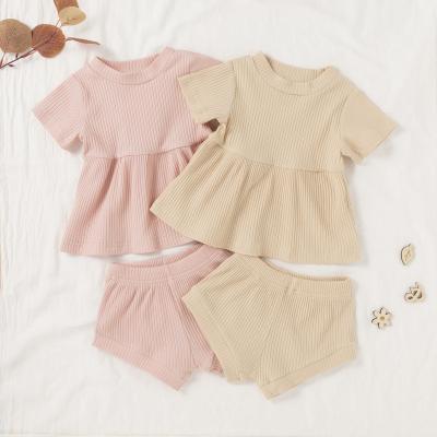 China New Arrival Style Summer Casual European Ribbed Plain Cotton Short Sleeve Dresses Baby Dress Shorts 2pcs Sets for sale