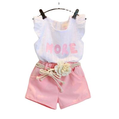 China Comfortable PLUS Breathble RTS print child fabric girl flutter shirt white girls clothes wholesale solid pink short children girl clothing with belt for sale