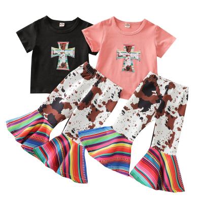 China Breathable Kids Short Sleeve T-shirt and Cow Print Bell Bottom Pants Outfits Toddler Girls Boutique Clothing Two-Piece Sets for sale