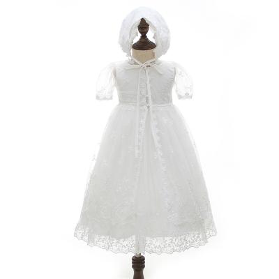 China White Breathable Lengthen Chiffon Embroidery Shirt Baptism Dress With Hat Baby Party Newborn Wedding Dress for sale