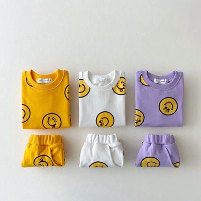 China Polyester/Cotton 2023 Solid Smile Face Short Sleeve Shorts Toddler Clothes Baby Tide Sweater Cotton Children Clothing Set for sale