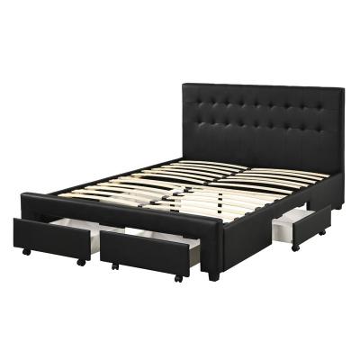 China Custom Storage Velvet Fabric Upholstered King Size Platform Slat Queen Bed Frame Full Support Wooden Stool With Three Drawer Storage for sale