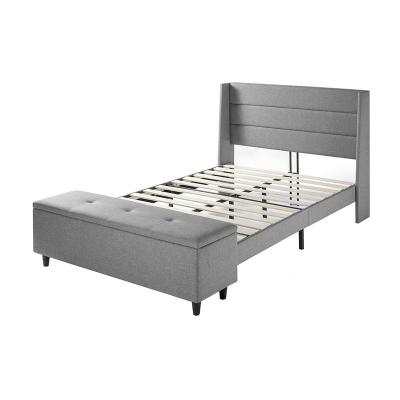 China Latest Trends Tufted Dark Gray Wood Fabric Upholstered Slat Support Canvas Storage Bed Frame With Ottoman Bench for sale