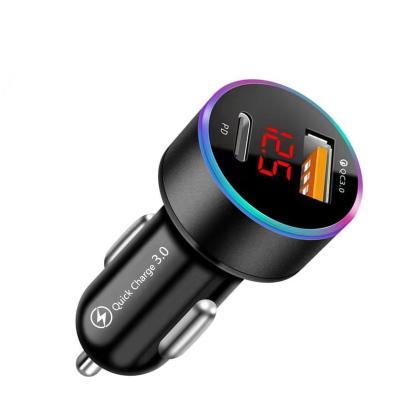 China Hot Sale Amazon Car Charger Digital Display Charger Palladium 18W Car USB Charger With Type-C QC3.0 Fast Charger With LED for sale