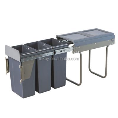 China Stored Lid Integrated Soft Closing Slides Three Compartments 30L Plastic Kitchen Waste And Recycling Bin To Remove for sale