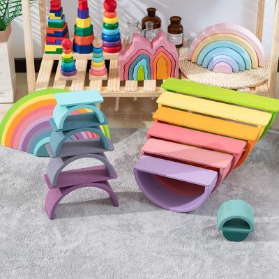 China Building Toy 12 Pcs Arch Interlocking Rainbow Bridge Set Building Blocks Kids Montessori Kindergarten Brick Educational Wooden Toys For Children for sale