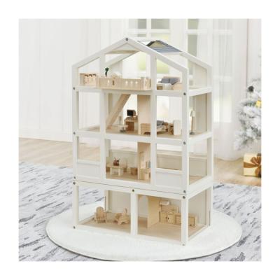 China Pretend Play Toys 2022 New Furniture Wooden Toys Petend Play Set Kids Large Wooden Doll House For Children for sale