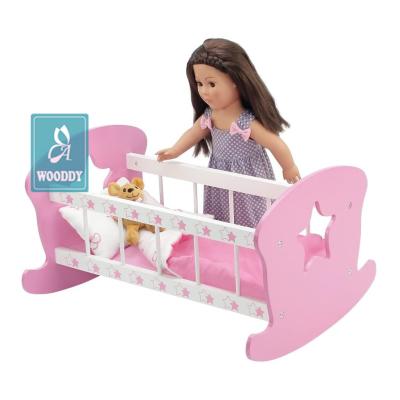 China Wooden 12-18 Inch Wodoen Doll Furniture Rocking Baby - Doll Cradle Hutch Pretend Play Toy with Bedding Mattress Blanket and Pillow for sale