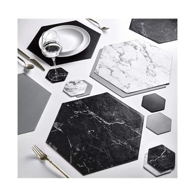 China Modern Viable Hexagon Faux Leather Marble Place Mats With Coasters Wipeable Place Mats Pad Dining Room Table Mat for sale