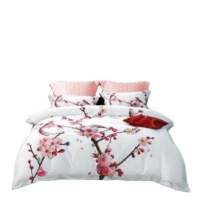 China 100S Satin Four-Piece Cotton Chinese Style Plum Blossom Flower and Bird Plum Blossom Duvet Cover Nondisposable Digital Printing Bedding for sale