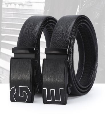 China Man Logo Ratchet Youth Belts Custom Fashion.Casual.Business PW008 Letter Print Men's Casual Black Business Alloy Belt PU Automatic Leather Belt for sale