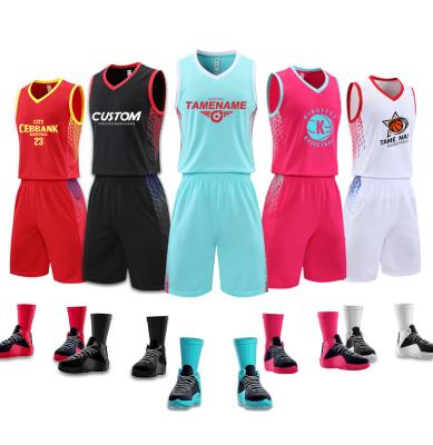 China Breathable Customizable Color Customizable Uniform Pink Red Black White Sublimation Basketball Tank Top Design Basketball Uniforms Sets 2 Pieces Men for sale