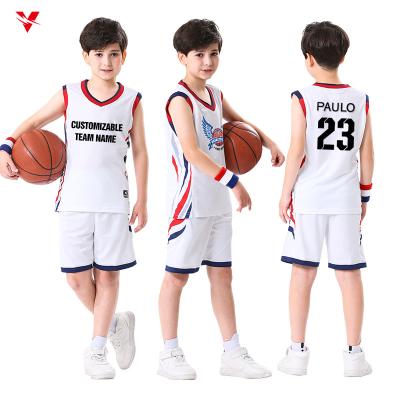 China Breathable Classic Kids Basketball Wear Customized Designs Customizable Logo Sportswear Sets Practice Kids Tank Top Basketball for sale