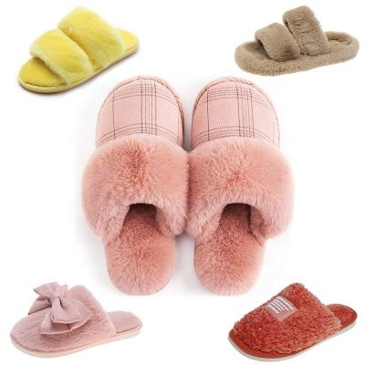 China Fashion Women Plush Fur Slipper Indoor Soft Bottom Fluffy Home Winter Bedroom Fluffy Slippers Simple Custom Disposable Slippers for sale