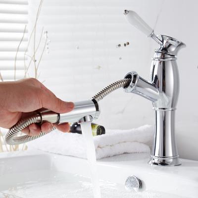 China Contemporary Single Handle Bathroom Basin Faucets Antique Brass Sink Faucet Metered Pull Down Water Taps for sale