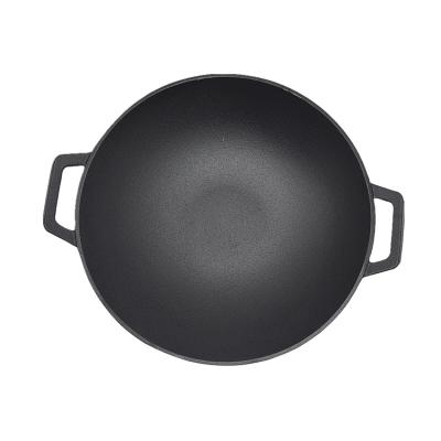 China Good Quality Durable Heavy Duty Cast Iron 36cm Pre-Seasoned Wok With Two Loop Handles for sale