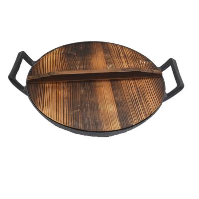 China Long Lasting 31cm China Manufacture Two Handles Pre-Seasoned Cast Iron Large Wok With Wood Cover for sale