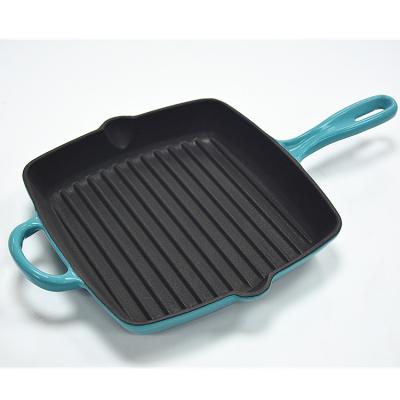 China Sustainable 28cm Enamel Coating Cast Iron Square Shape Grill Pan With Double Handles for sale