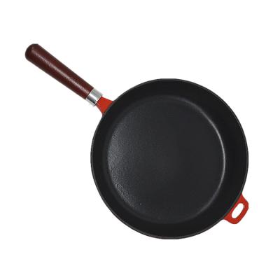 China 24cm good quality round enamel cast iron sustainable cookware pan with detachable wooden handle for sale