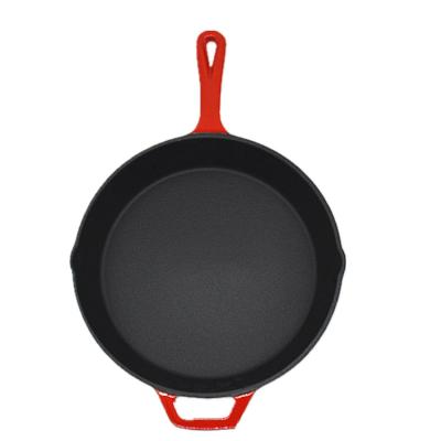 China Sustainable High Quality 10 Inch Cast Iron Round Pan Red Color Enamel Deep Dish Casserole With Helper Handle for sale