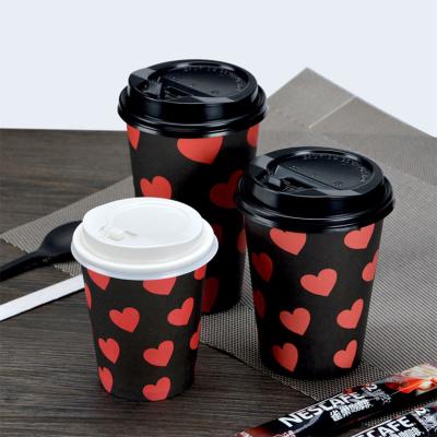 China Wholesale Disposable Red Love Pattern DOUBLE WALL Beverage Wrapping Paper Coffee Cardboard Hot Cup With Lids for sale