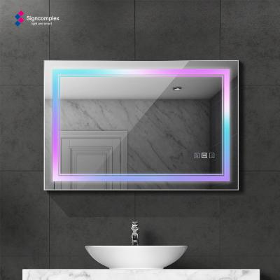 China Lighted Custom Smart Touch Screen Vanity Wall Make Up Cosmetic Mirror Square Frames Magic Led Bathroom Mirror RGB Light for sale