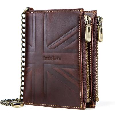 China RFID Men's Dark-Coffee RFID Blocking Genuine Leather Wallet Money And Card Chain Biker for sale