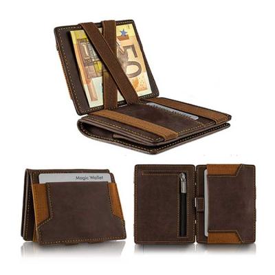 China RFID Minimalist Magic Wallet With Zipper Coin Pouch Leather Magic Payment Card Holder With Elastic Band for sale