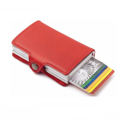 China RFID Colorful Man and Lady Slim Double Case Minimalist Wallet, Automatic Genuine Leather Aluminum Women's Wallet for sale