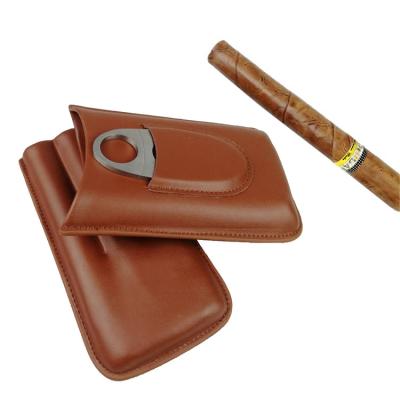 China Portable Cigar Case 3 Tube Holder Travel Humidor Leather Waterproof Cigar Holder With Cigar Cutter for sale