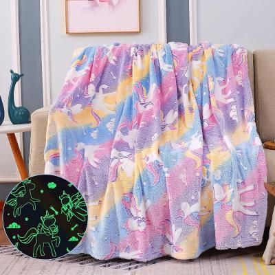 China PORTABLE Unicorn Soft Luxury Luminous Blanket Patterns Throws Flannel Sofa Bed Glow in the Dark Dinosaur Blanket For Kids for sale